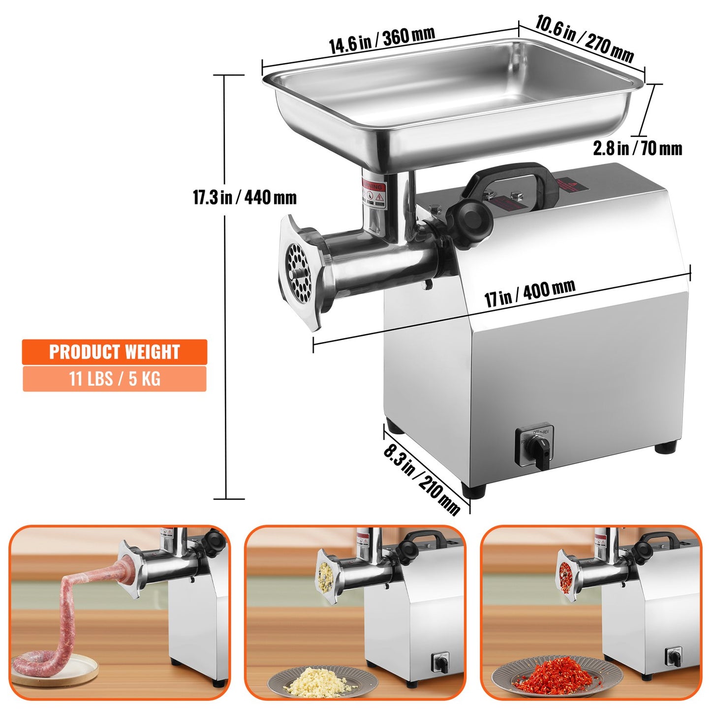 Electric Meat Grinder, 794 Lb/H Capacity, 1100W (6000W MAX) Industrial Meat Mincer with 2 Blade, 3 Grinding Plates, Sausage Maker & Kubbe Kit 304 Stainless Steel Commercial Meat Grinder, ETL Lis