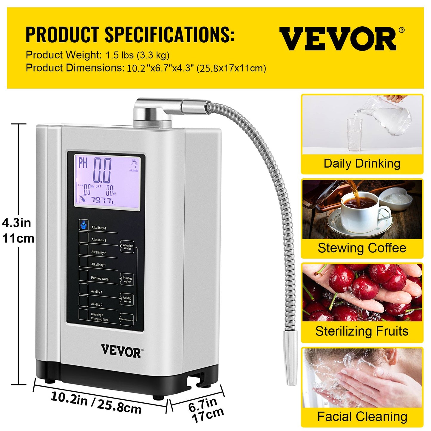 Water Ionizer Machine, 7 Water Settings, Alkaline Acid Home Filtration System w/ 3.8" LCD Touch Panel, pH3.5-10.5 Kangen Water w/ 6000L Replaceable Filter, up to 1200PPM TDS & -500mV ORP, Silver