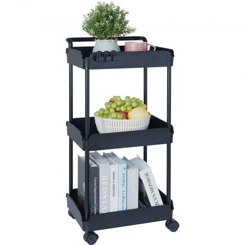 3-Tier Rolling Utility Cart, Kitchen Cart with Lockable Wheels, Multi-Functional Storage Trolley with Handle for Office, Living Room, Kitchen, Movable Storage Basket Organizer Shelves, Black
