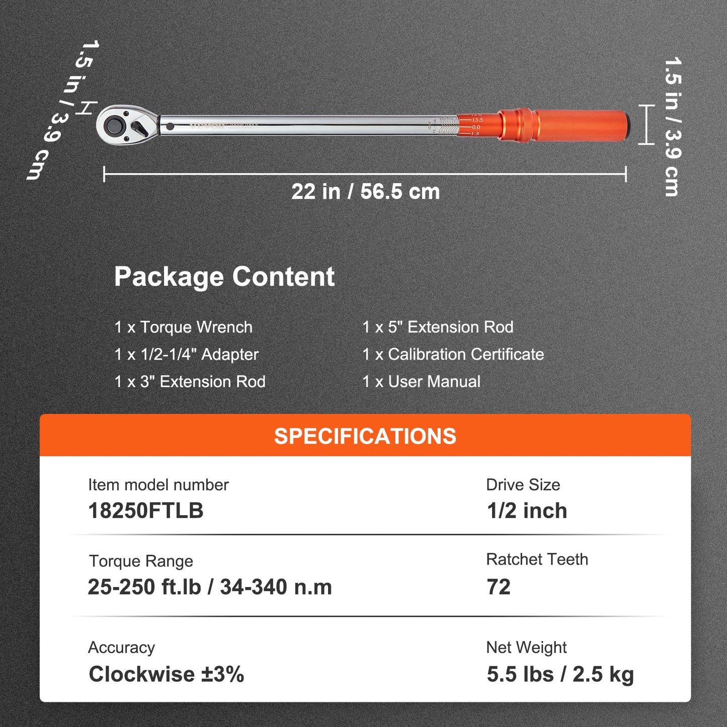 Torque Wrench, 1/2-inch Drive Click Torque Wrench 20-250ft.lb/34-340n.m, Dual-Direction Adjustable Torque Wrench Set, Mechanical Dual Range Scales Torque Wrench Kit with Adapters Extension Rod