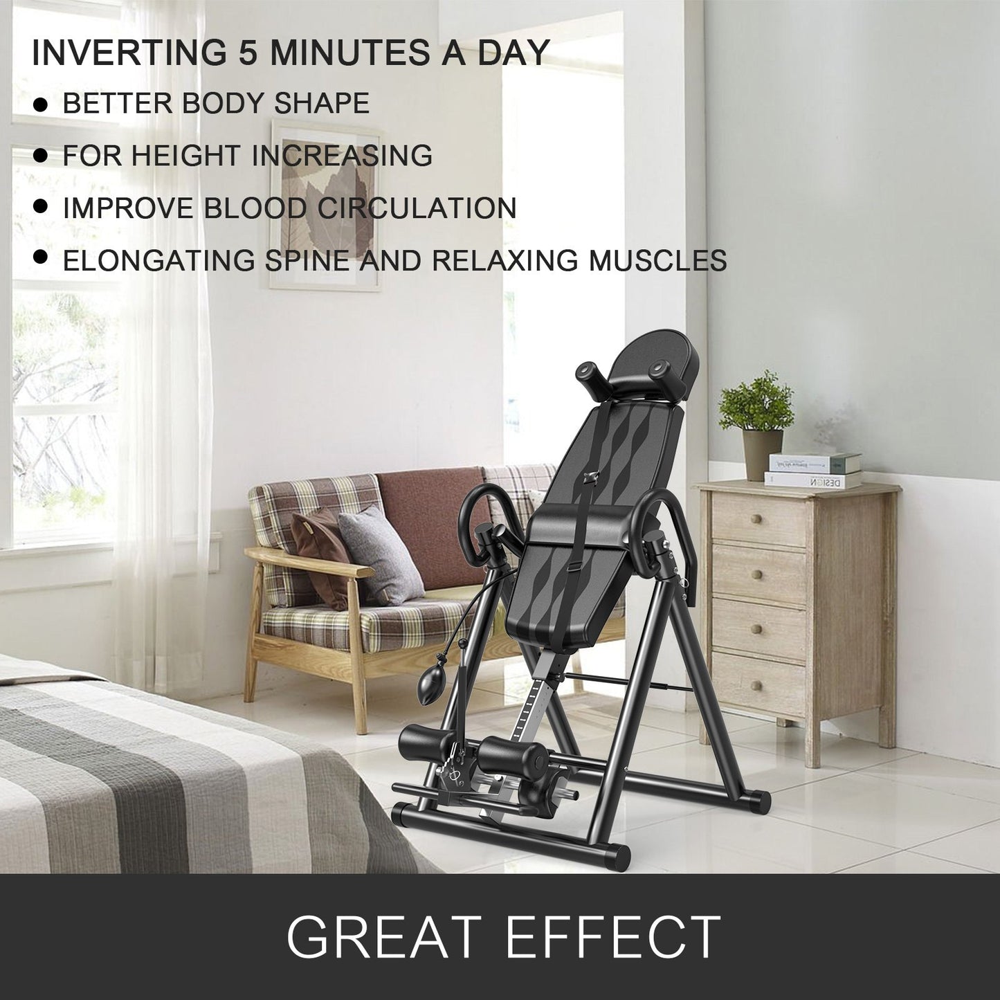 Black Premium Gravity Inversion Table Waist Inflatable Adjustment with Protective Belt Back Therapy Fitness Adjustable Height Inversion Table Foldable