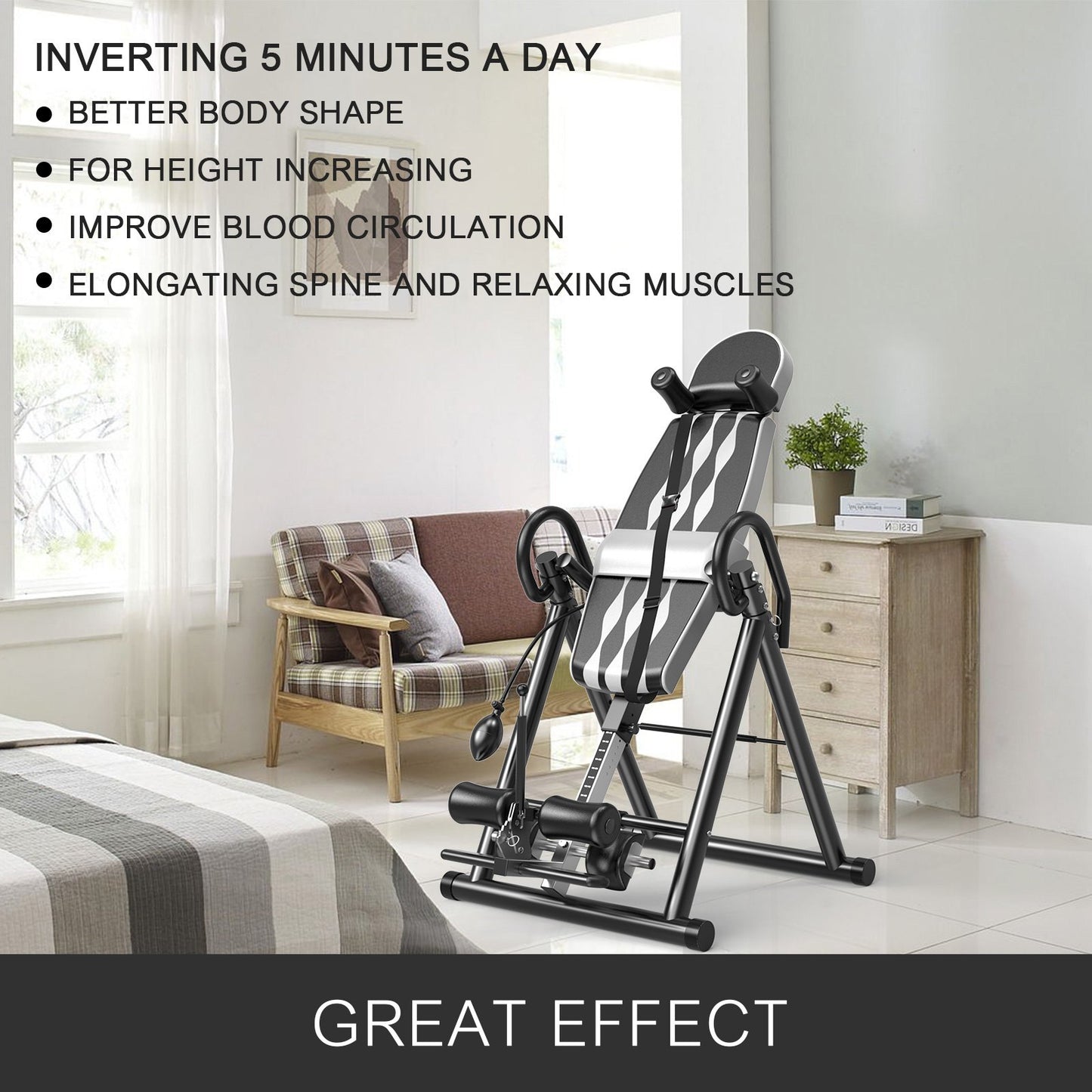Grey Premium Gravity Inversion Table Waist Inflatable Adjustment with Protective Belt Back Therapy Fitness Adjustable Height Inversion Table Foldable