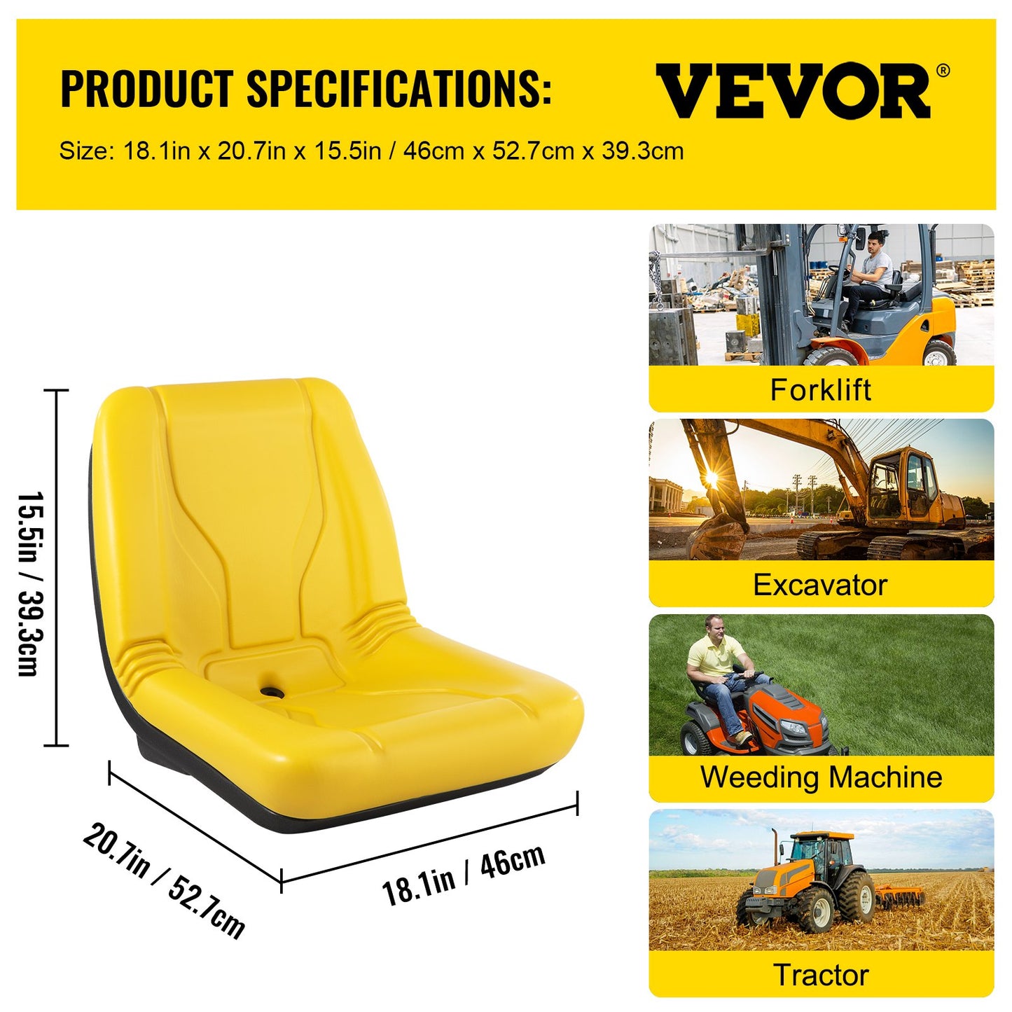 Universal Tractor Seat, Industrial High Back, PVC Lawn and Garden Mower Seat Replacement, Drain Hole Steel Frame Compact Forklift Seat, Compatible with Excavator, Mower, Forklift, Yellow