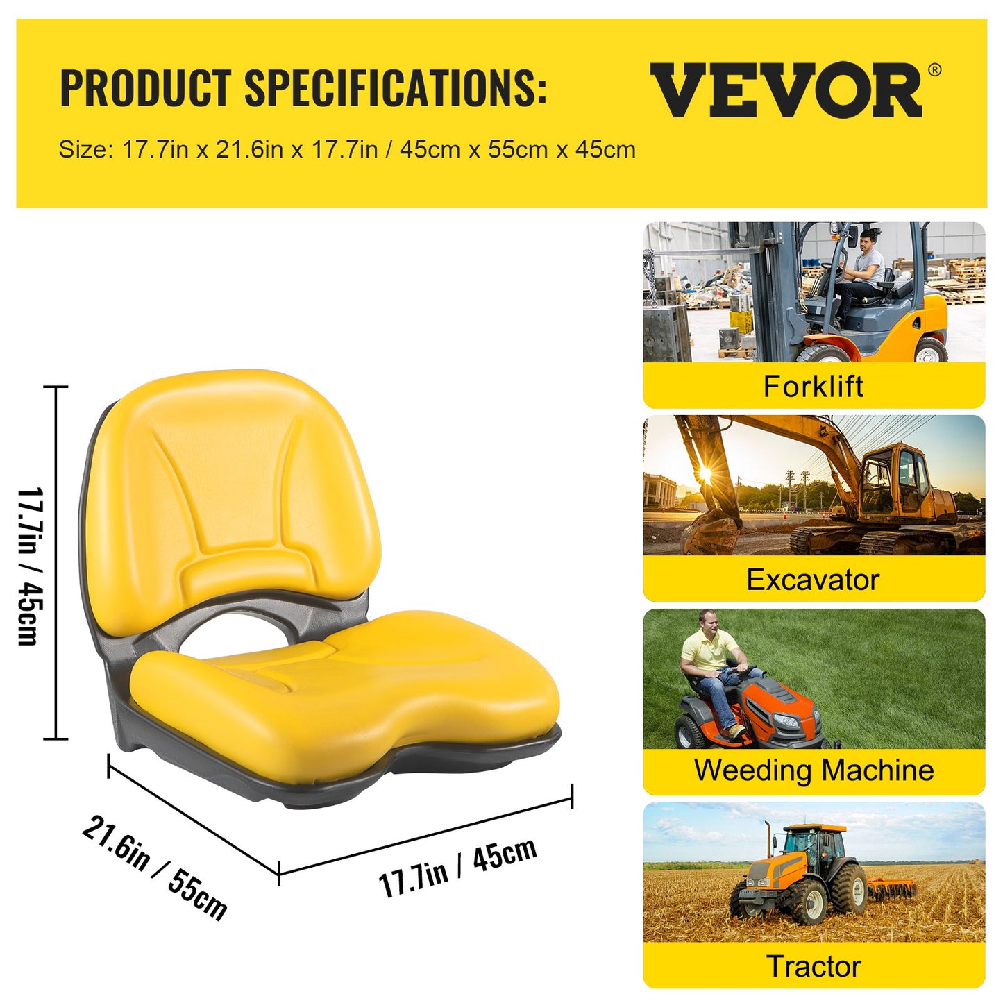 Universal Tractor Seat, Industrial High Back, Waterproof PVC Lawn and Garden Mower Seat Replacement, Steel Frame Forklift Seat with Drain Hole, Compatible with Excavator, Mower, Forklift, Yellow