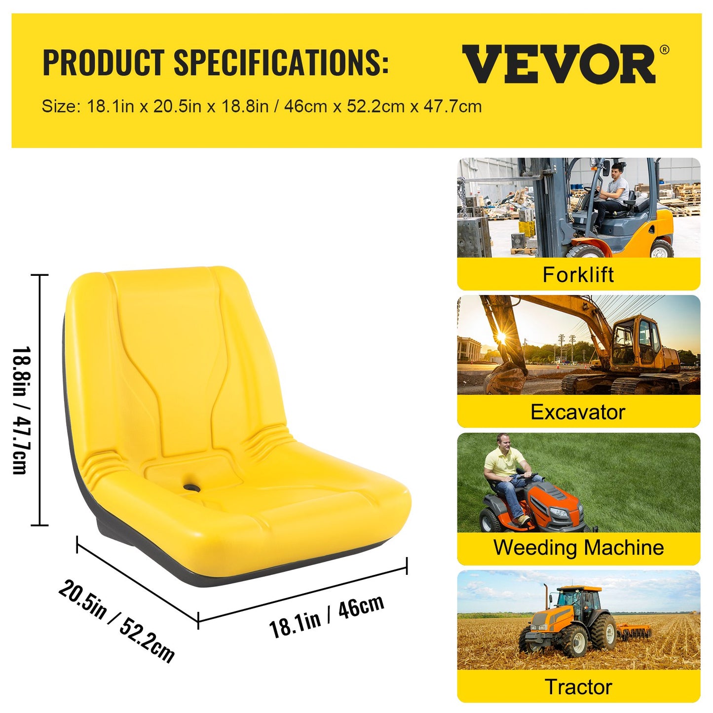 Universal Tractor Seat, Industrial High Back, 1PC PVC Lawn and Garden Mower Seat Replacement, Steel Frame Compact Forklift Seat w/ Drain Hole, Compatible with Excavator, Mower, Forklift, Yellow