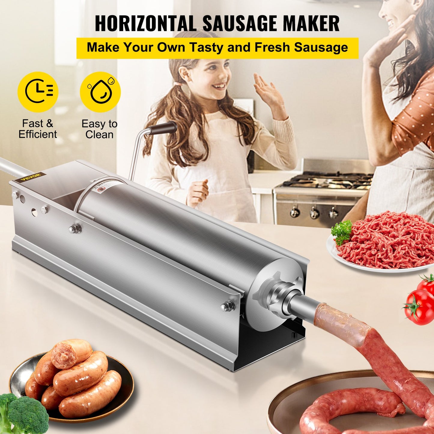 Sausage Stuffer Machine 7L Stainless Steel Sausage Filler Horizontal Manual Sausage Meat Stuffer Machine for Making Hot Dog Sausages Bratwurst Suitable for Home and Commercial Use