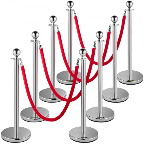 Crowd Control Stanchion, Set of 8 Pieces Stanchion Set, Stanchion Set with 5 ft/1.5 m Red Velvet Rope, Silver Crowd Control Barrier w/ Sturdy Concrete and Metal Base – Easy Connect Assembly