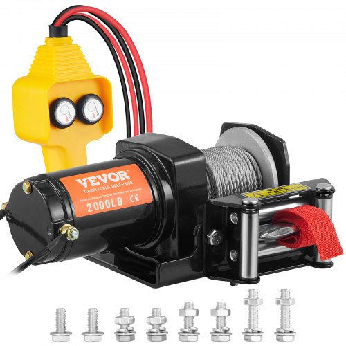 Electric Winch, 12V 2000 lb Load Capacity Steel Rope Winch, IP55 5/32” x 39ft ATV UTV Winch with Wired Handheld Remote & 4-Way Fairlead for Towing Jeep Off-Road SUV Truck Car Trailer Boat