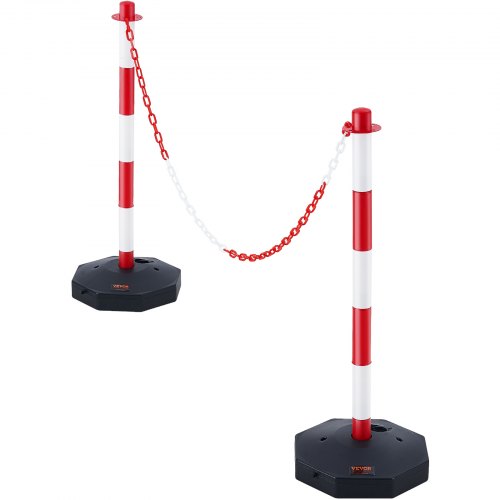 Adjustable Traffic Delineator Post Cones, 2 Pack, Traffic Safety Delineator Barrier with Fillable Base 8FT Chain, for Traffic Control Warning Parking Lot Construction Caution Roads, Red & White