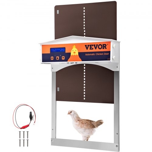 Automatic Chicken Coop Door, Auto Open/Close, Gear Lifter Galvanized Poultry Gate with Evening and Morning Delayed Opening Timer & Light Sensor, Battery Powered LCD Screen, for Duck, Brown