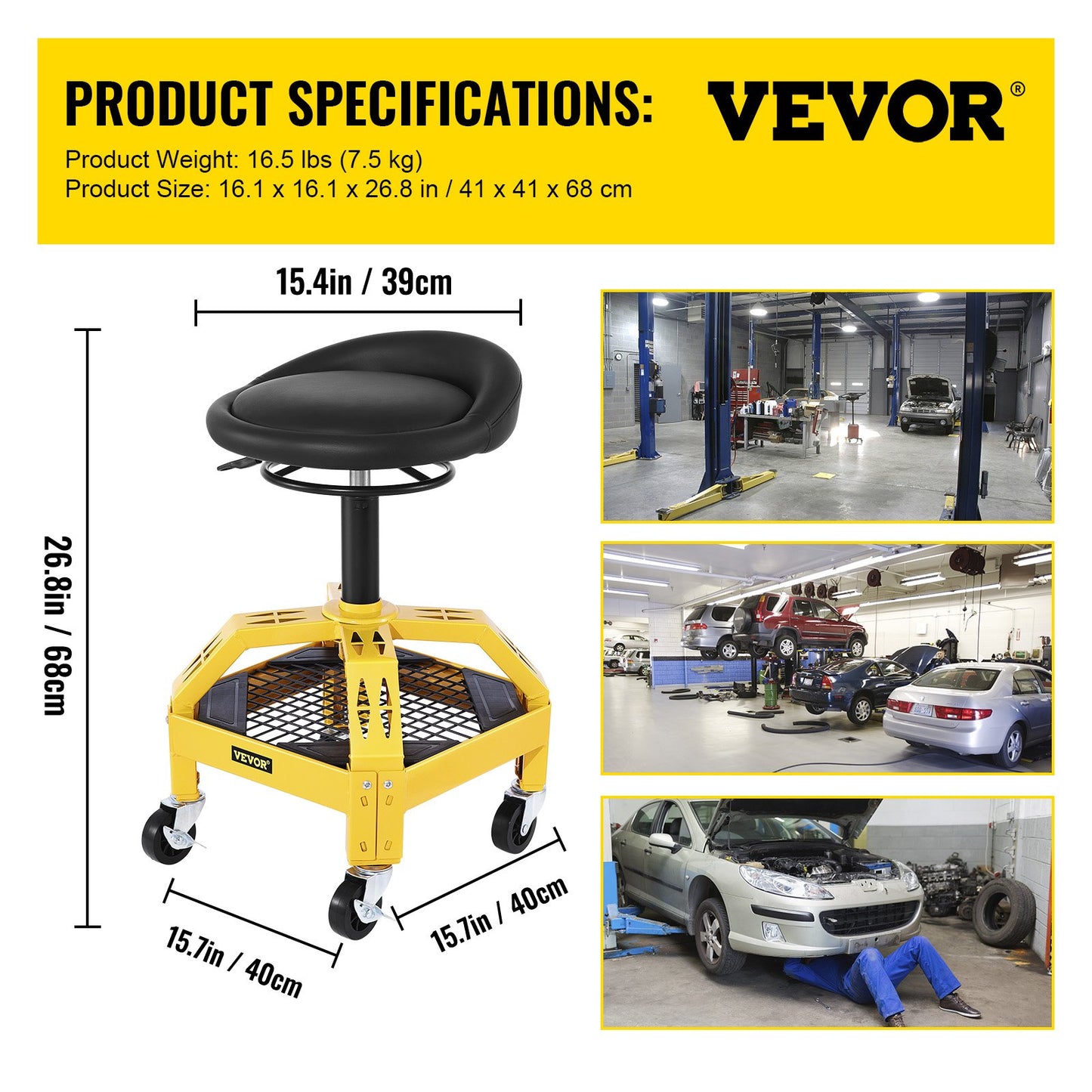 Rolling Garage Stool, 135 KG Capacity, Adjustable Height from 61 cm to 73 cm, Mechanic Seat with 360-degree Swivel Wheels and Tool Tray, for Workshop, Auto Repair Shop, Yellow