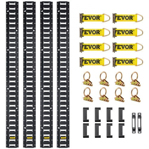 E Track Tie-Down Rail Kit, 30PCS 8FT E-Tracks Set Includes 4 Steel Rails & 2 Single Slot & 8 O Rings & 8 Tie-Offs w/ D-Ring & 8 End Caps, Securing Accessories for Cargo, Motorcycles, and Bikes