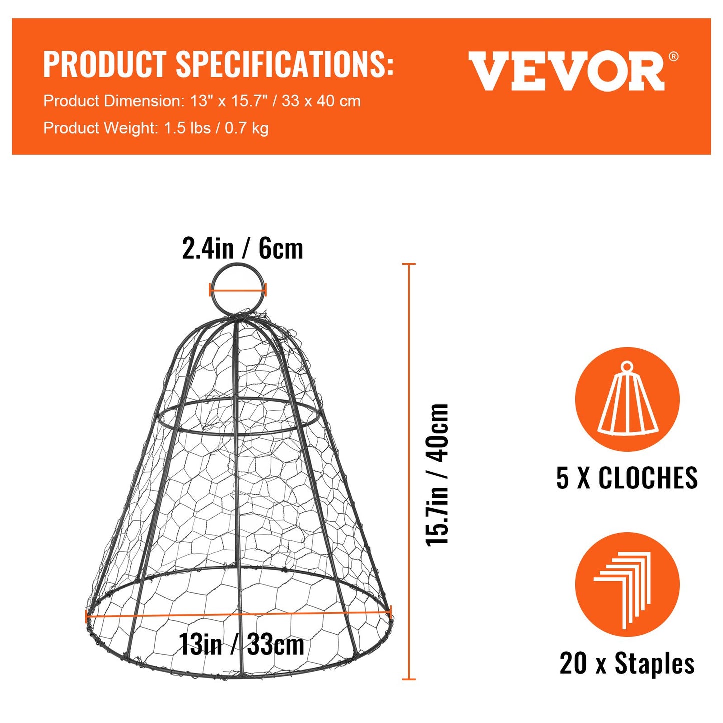 Chicken Wire Cloche, 5 Packs 13" Diameter x 15.7" Height, Plant Protector and Cover with Zip Ties & Staples, Sturdy Metal Cage Garden Protection from Animals, No Assembly Required, Black