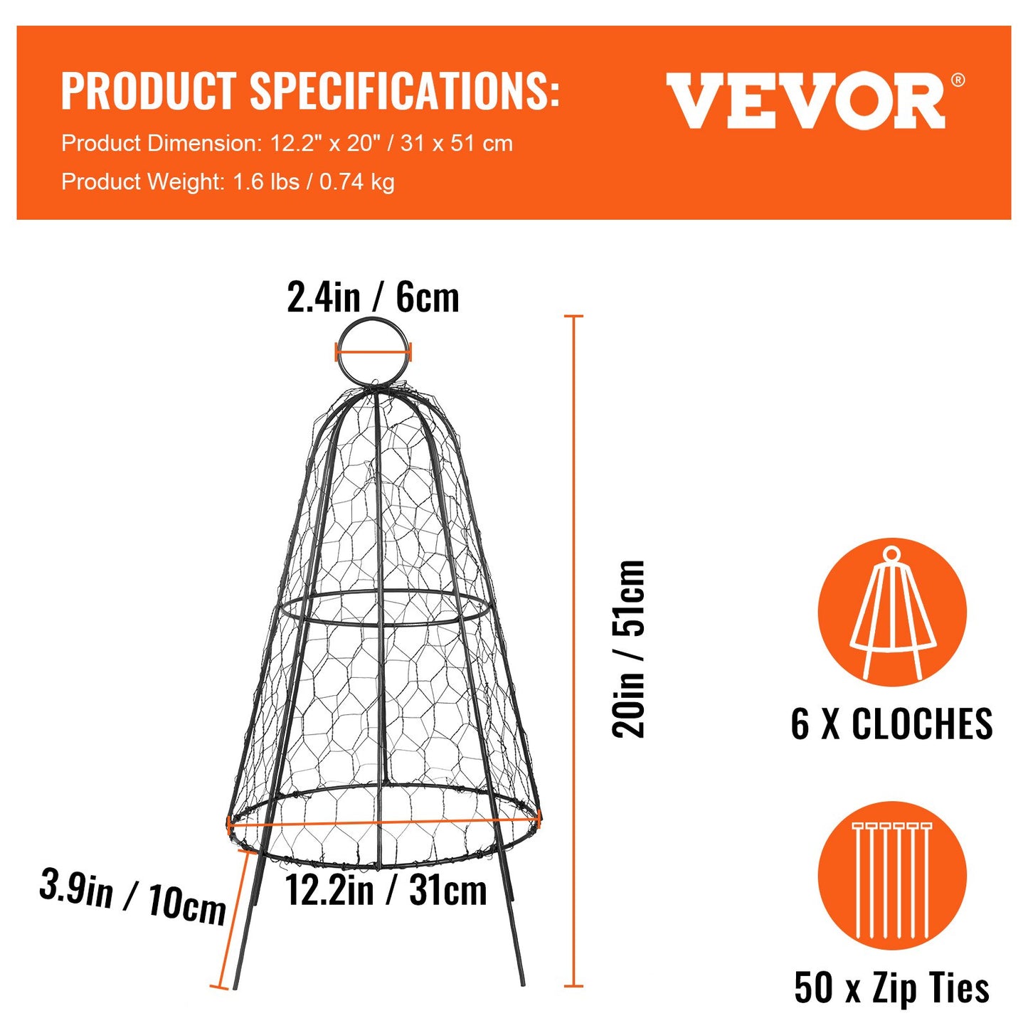 Chicken Wire Cloche, 6 Packs 12.2" Diameter x 20" Height, Plant Protector and Cover with Zip Ties & Staples, Sturdy Metal Cage Garden Protection from Animals, No Assembly Required, Black