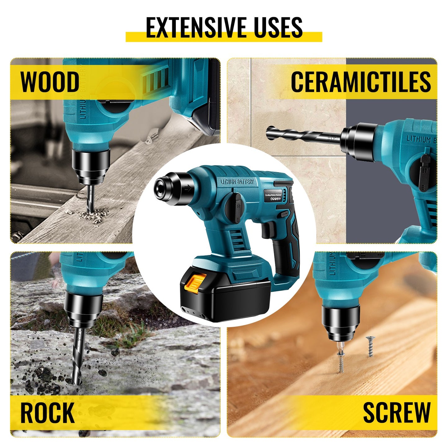 SDS-Plus Rotary Hammer Drill, 900 rpm & 450 bpm Electric Hammer, 2 Functions Include Drilling & Hammer Drilling, Cordless Drill Kit w/ Drill Bits & Case Ideal for Concrete, Steel, and Wood