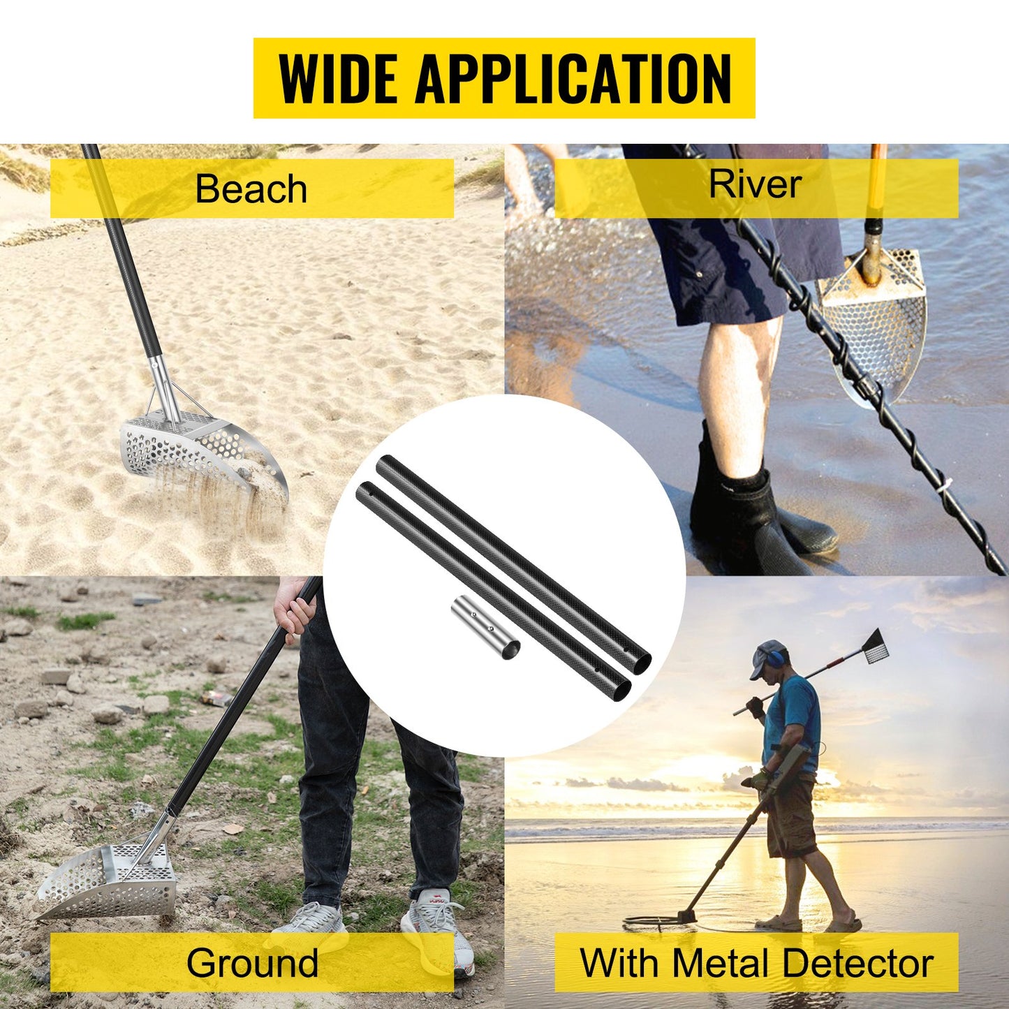 Sand Scoop Pole Handle, Carbon Fiber Sand Scoop Long Pole, Travel Light Sturdy Metal Scoop Shovel Handle, Metal Detector Tool with 28.5mm/1.12" Diameter, for Metal Detecting and Treasure Hunting