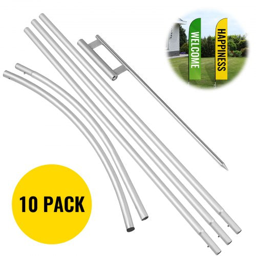 Advertising Flag Pole, 10 x Feather Flag Bundles with Ground Spike, 16 ft Windless Flag Pole Sets with Ground Mounting Stake, 6pcs Swooper Flag Pole Kit, Sign Flag for Businesses Storefronts