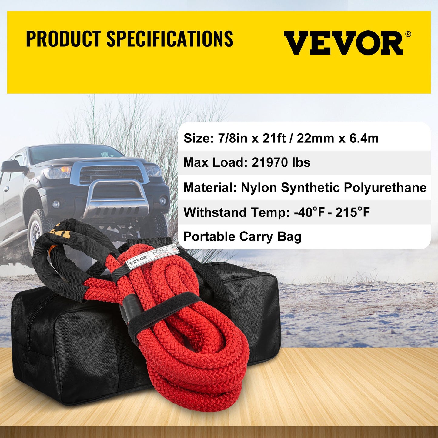 Kinetic Energy Recovery Rope Tow Rope 7/8" x 21' 21970 LBS with Carry Bag