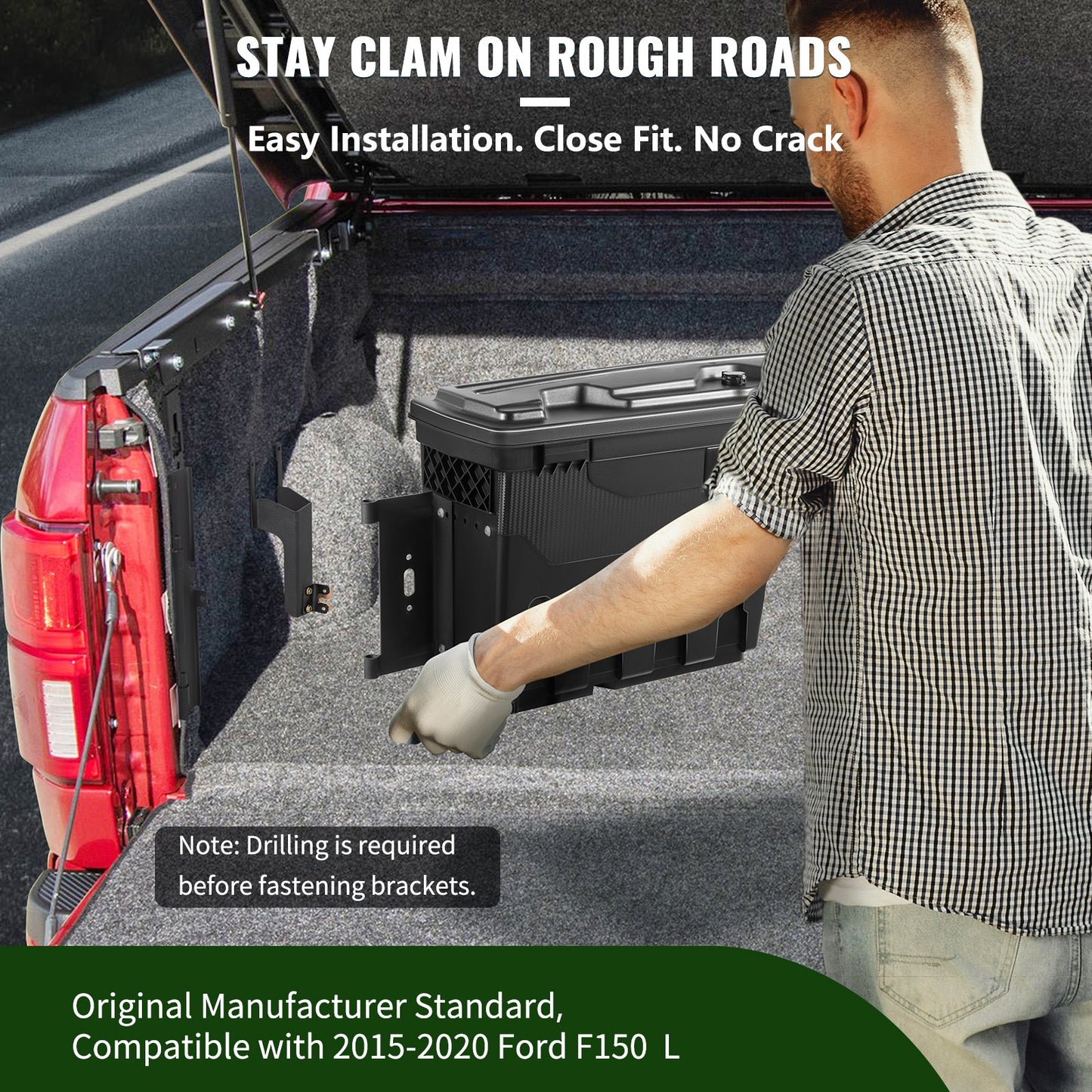 Truck Bed Storage Box, Lockable Lid, Waterproof ABS Wheel Well Tool Box 6.6 Gal/20 L with Password Padlock, Compatible with 2015-2020 Ford F150, Driver Side, Black