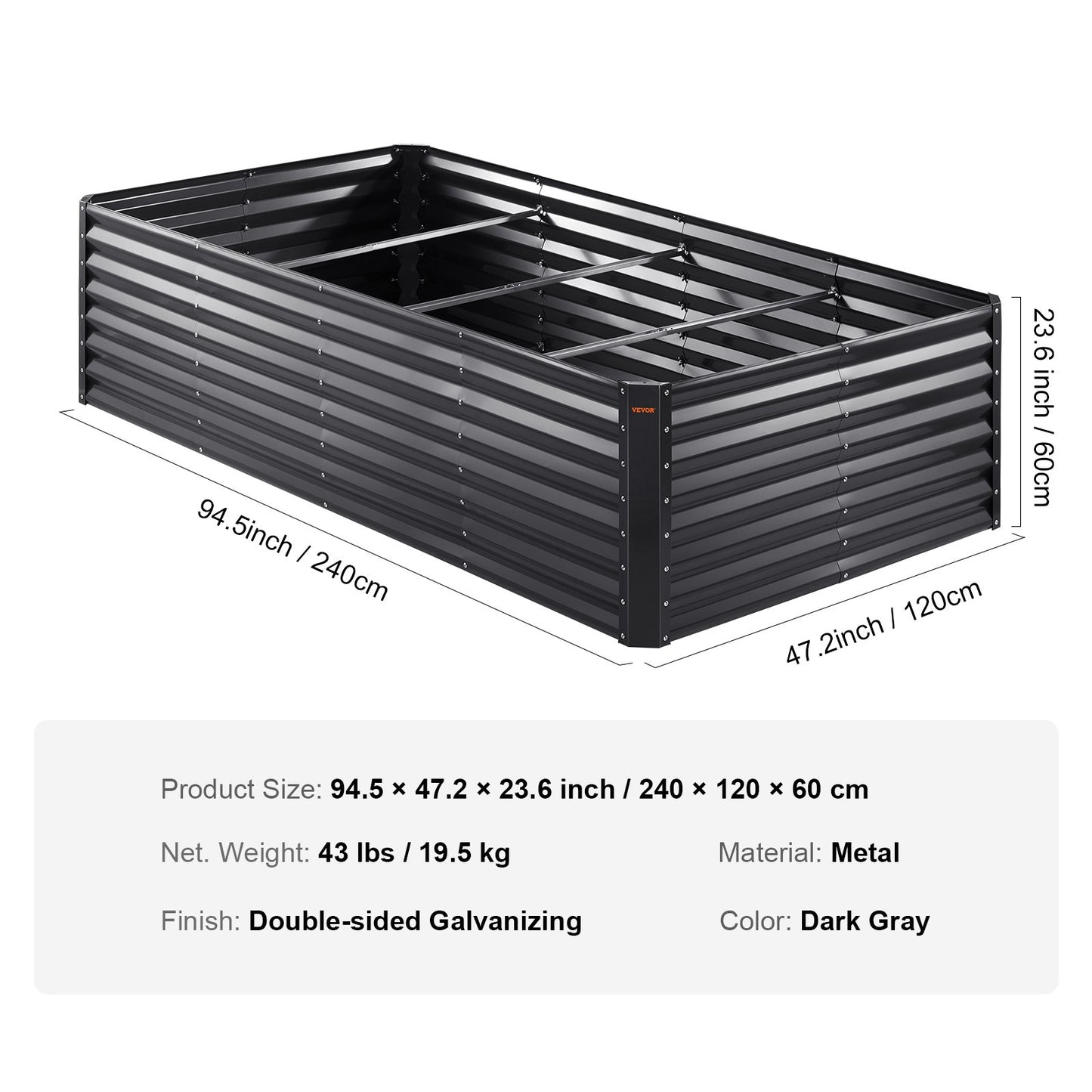Raised Garden Bed, 94.5 x 47.2 x 23.6 inch Galvanized Metal Planter Box, Outdoor Planting Boxes with Open Base, for Growing Flowers/Vegetables/Herbs in Backyard/Garden/Patio/Balcony, Dark Gray