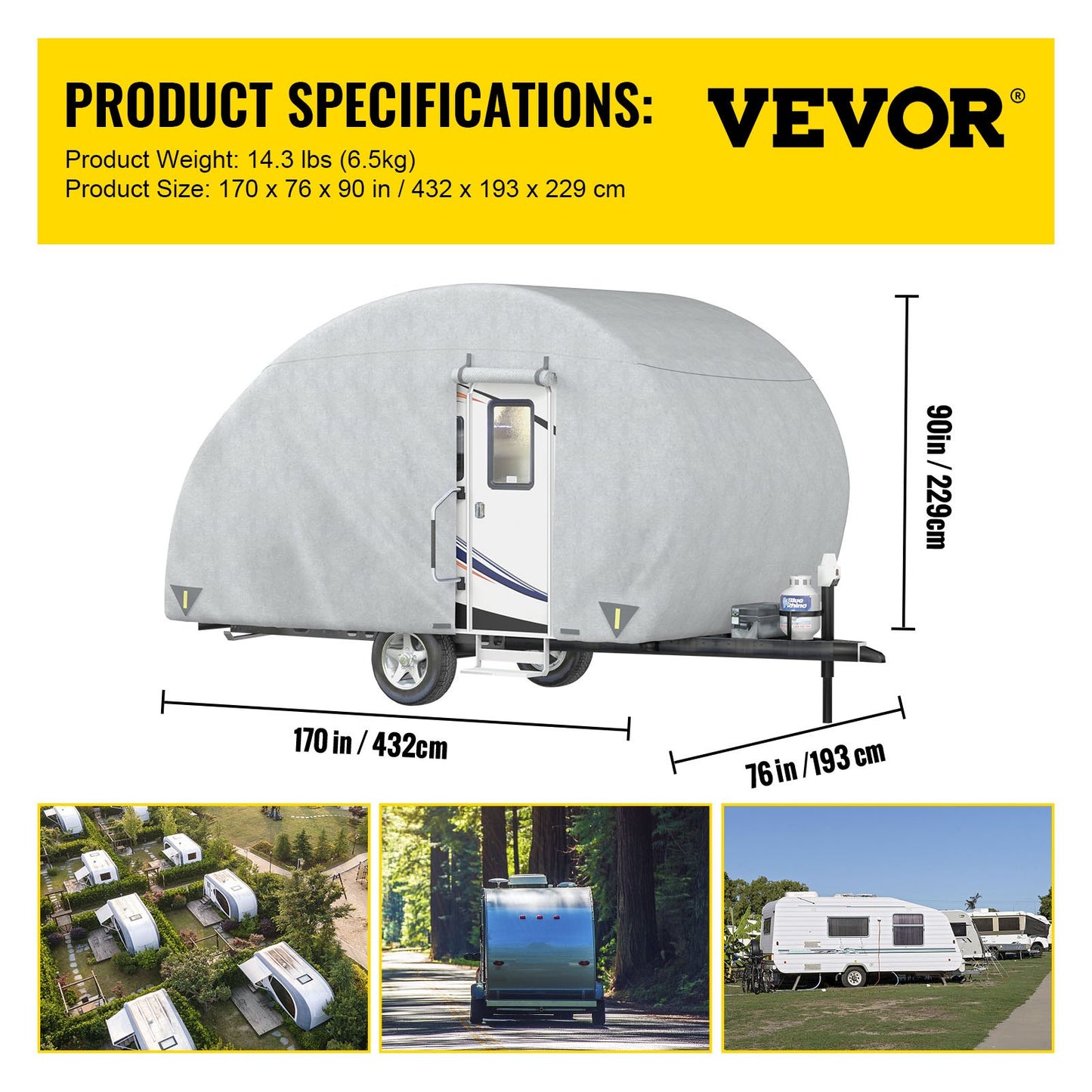 Teardrop Trailer Cover, Fit for 8' - 10' Trailers, Upgraded Non-Woven 4 Layers Camper Cover, UV-proof Waterproof Travel Trailer Cover w/ 2 Wind-proof Straps and 1 Storage Bag