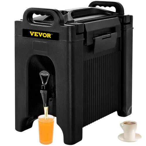 Insulated Beverage Dispenser, 2.5 Gal, Double-Walled Beverage Server w/ PU Insulation Layer, Hot and Cold Drink Dispenser w/ 2-Stage Faucet Handles Nylon Latches Vent Cap, NSF Approved, Black