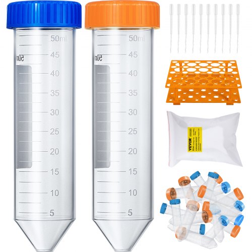 Conical Centrifuge Tubes, 50mL, 500Pcs PP Graduated Container w/ Leak-proof Screw Cap, Write Mark & Test Tube Rack, DN/RNase Free, for Lab Sample Storage & Separate, Blue & Orange