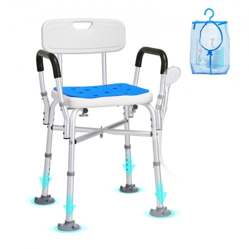 Shower Chair Seat with Padded Armrests and Back, Shower Stool with Crossing Bar, Shower Chair for Inside Shower Bathtub, Adjustable Height Bench Bath Chair for Elderly Disabled, 181.4kg Capacity