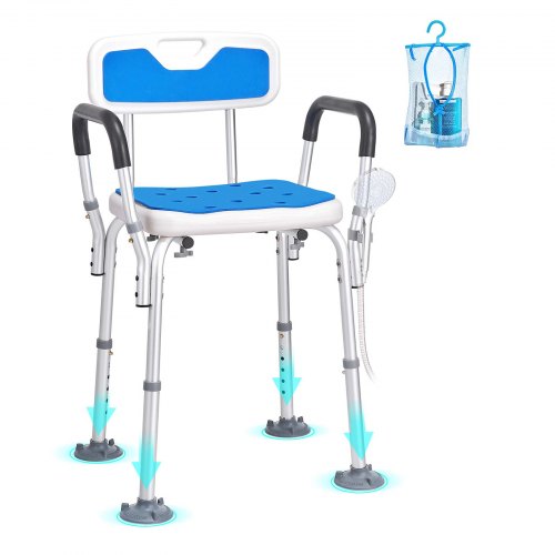Shower Chair Seat with Padded Armrests and Back, Shower Stool with Suction Feet, Shower Chair for Inside Shower Bathtub, Adjustable Height Bench Bath Chair for Elderly Disabled, 181.4kg Capacity