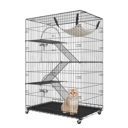 Catio, 4-Tier Large Cat Cages Indoor, Detachable Metal Playpen Enclosure with 360° Rotating Casters, with 3 Ladders and a Hammock for 1-3 Cats, 35.4x23.6x51 inch
