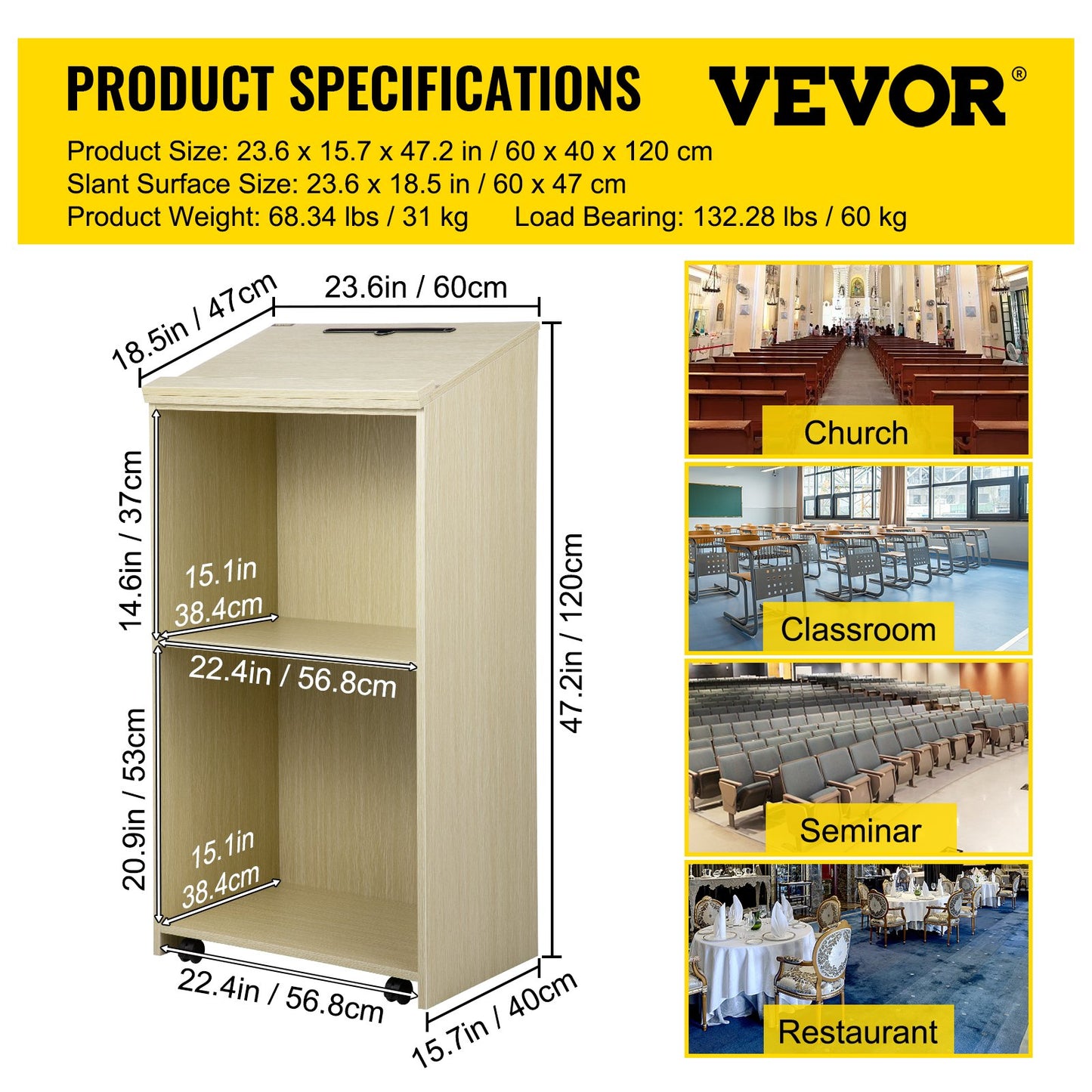 Wood Podium, 39.4 x 20 FT, Lecterns and Podiums w/ 4 Rolling Wheels, Slant Surface, Baffle Plate & Shelf, Easy Assembly Oak Lecterns for Church, Office, School, Home White