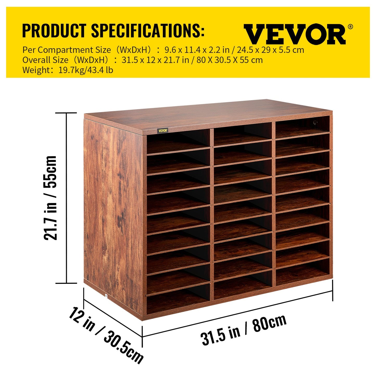 Wood Literature Organizer, 27 Compartments, Adjustable Shelves, Medium Density Fiberboard Mail Center, Office Home School Storage for Files, Documents, Papers, Magazines, Brown