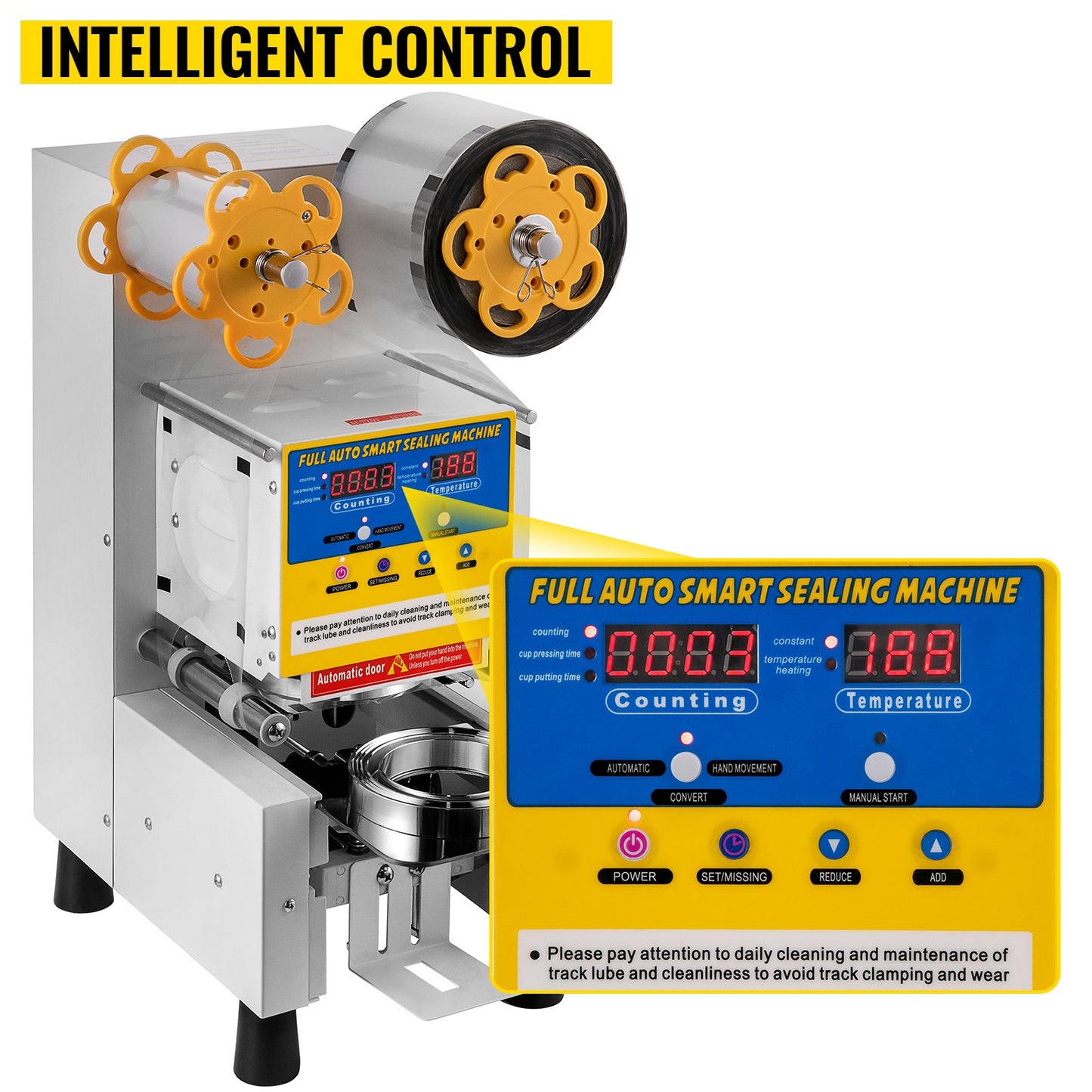 Automatic Cup Sealing Machine 90/95 mm Cup Diameter Boba Cup Sealer 450W Bubble Tea Cup Sealer Machine 1-20 cm Cup Height Boba Tea Cup Sealing Machine 400-600cup/h Bubble Tea Sealing Machine