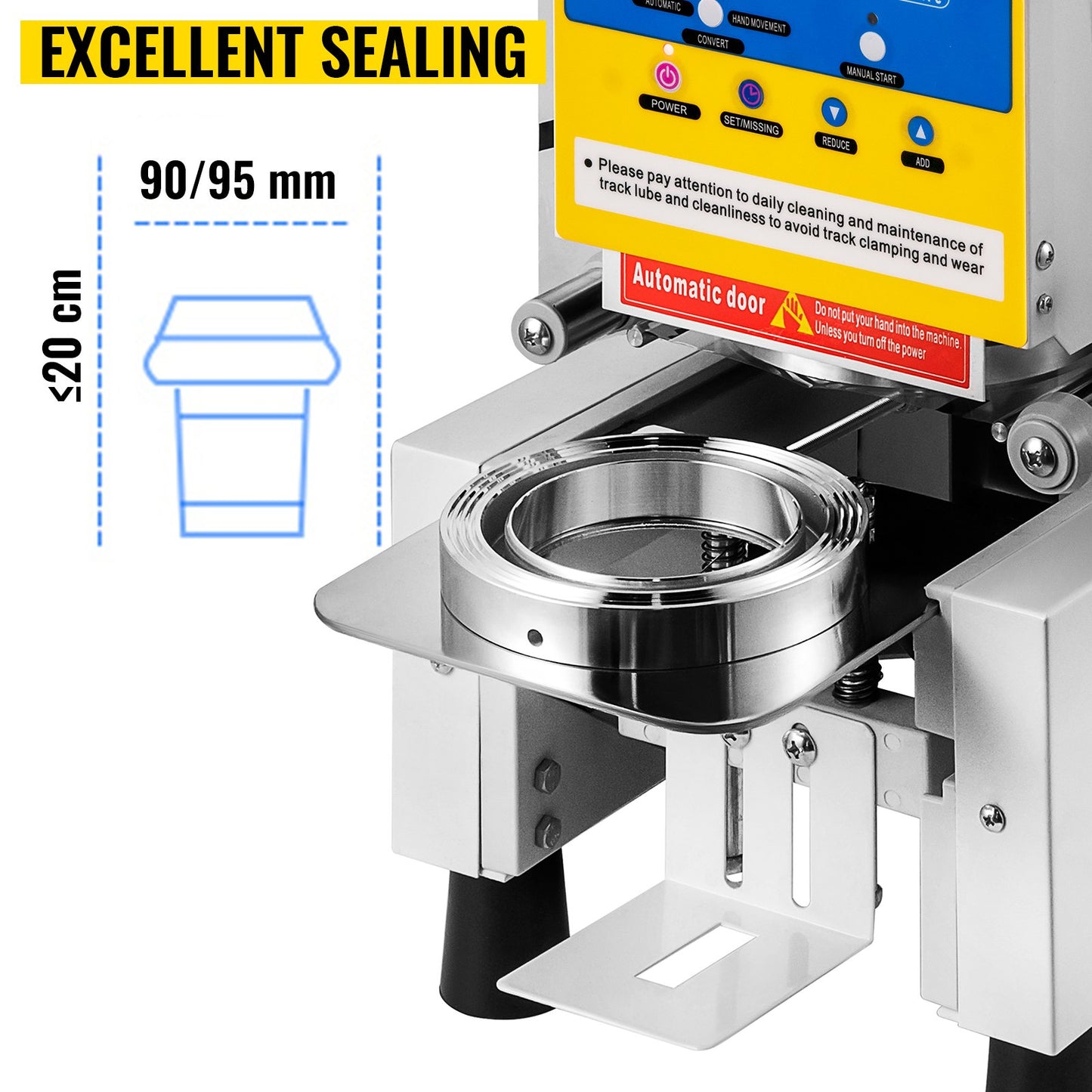 Automatic Cup Sealing Machine 90/95 mm Cup Diameter Boba Cup Sealer 450W Bubble Tea Cup Sealer Machine 1-20 cm Cup Height Boba Tea Cup Sealing Machine 400-600cup/h Bubble Tea Sealing Machine