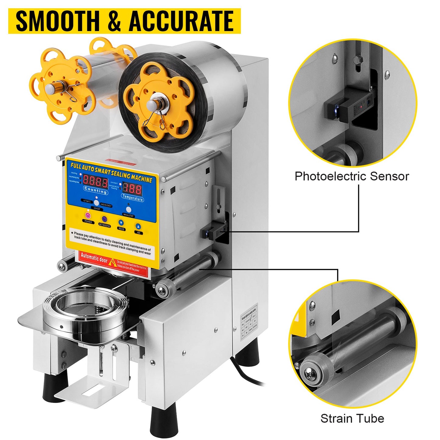 Automatic Cup Sealing Machine 90/95 mm Cup Diameter Boba Cup Sealer 450W Bubble Tea Cup Sealer Machine 1-20 cm Cup Height Boba Tea Cup Sealing Machine 400-600cup/h Bubble Tea Sealing Machine