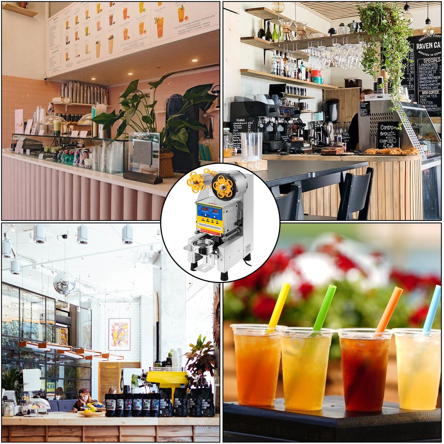 Automatic Cup Sealing Machine 90/95 mm Cup Diameter Boba Cup Sealer 450W Bubble Tea Cup Sealer Machine 1-20 cm Cup Height Boba Tea Cup Sealing Machine 400-600cup/h Bubble Tea Sealing Machine