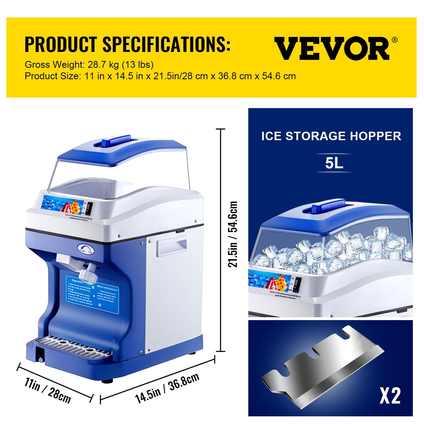 Commercial Ice Shaver 441 LBS/H Ice Shaving Capacity, Ice Shaving Machine with 11 LBS Hopper, Ice Shaver Machine Electric 300W Snow Cone Maker 320 RPM Rotate Speed, Shaved Ice Maker Machine
