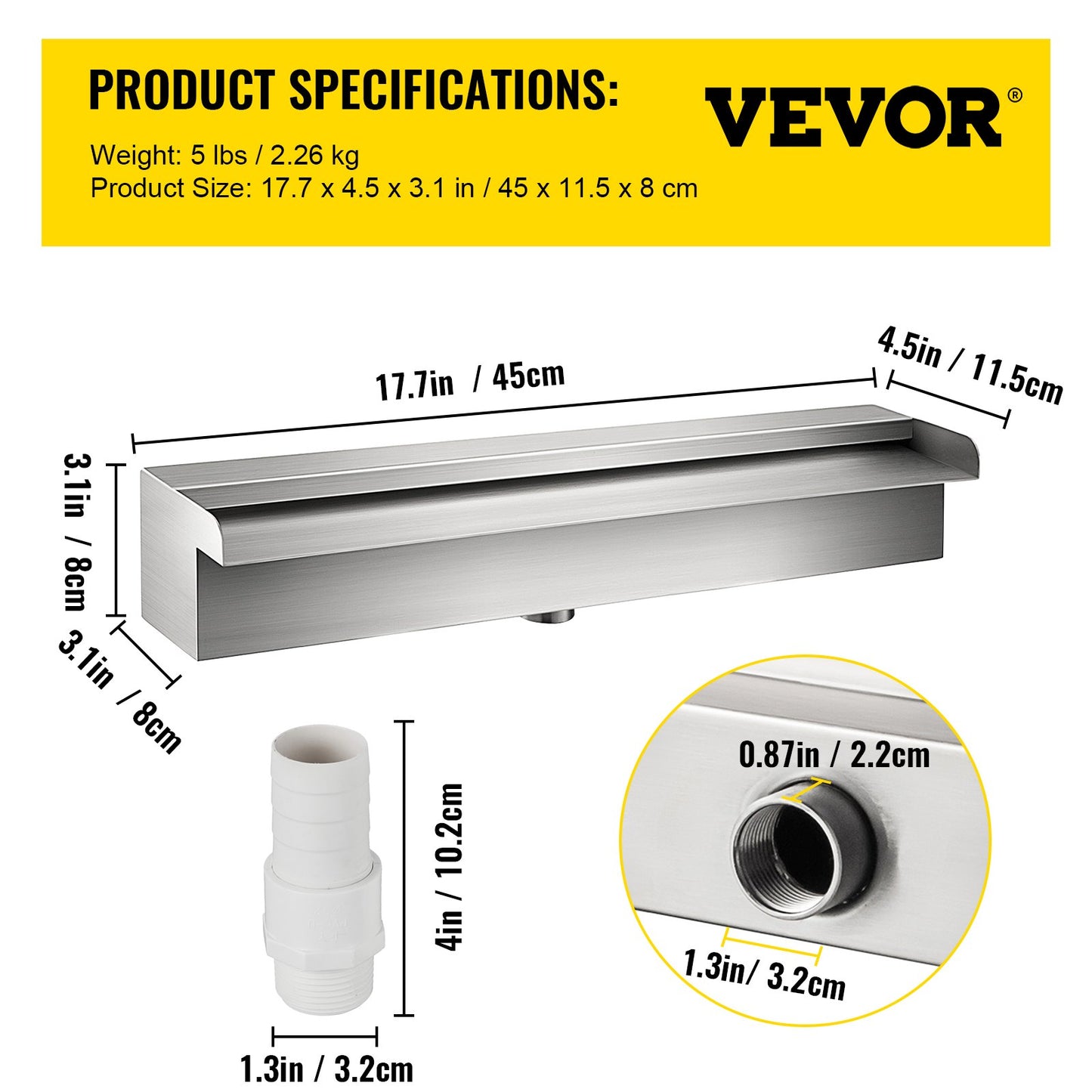 Waterfall Pool Fountain 17.7 x 4.5 x 3.1 Inch Rectangular Pool Fountain Constructed Stainless Steel Swimming Pond Waterfall Blade Cascade