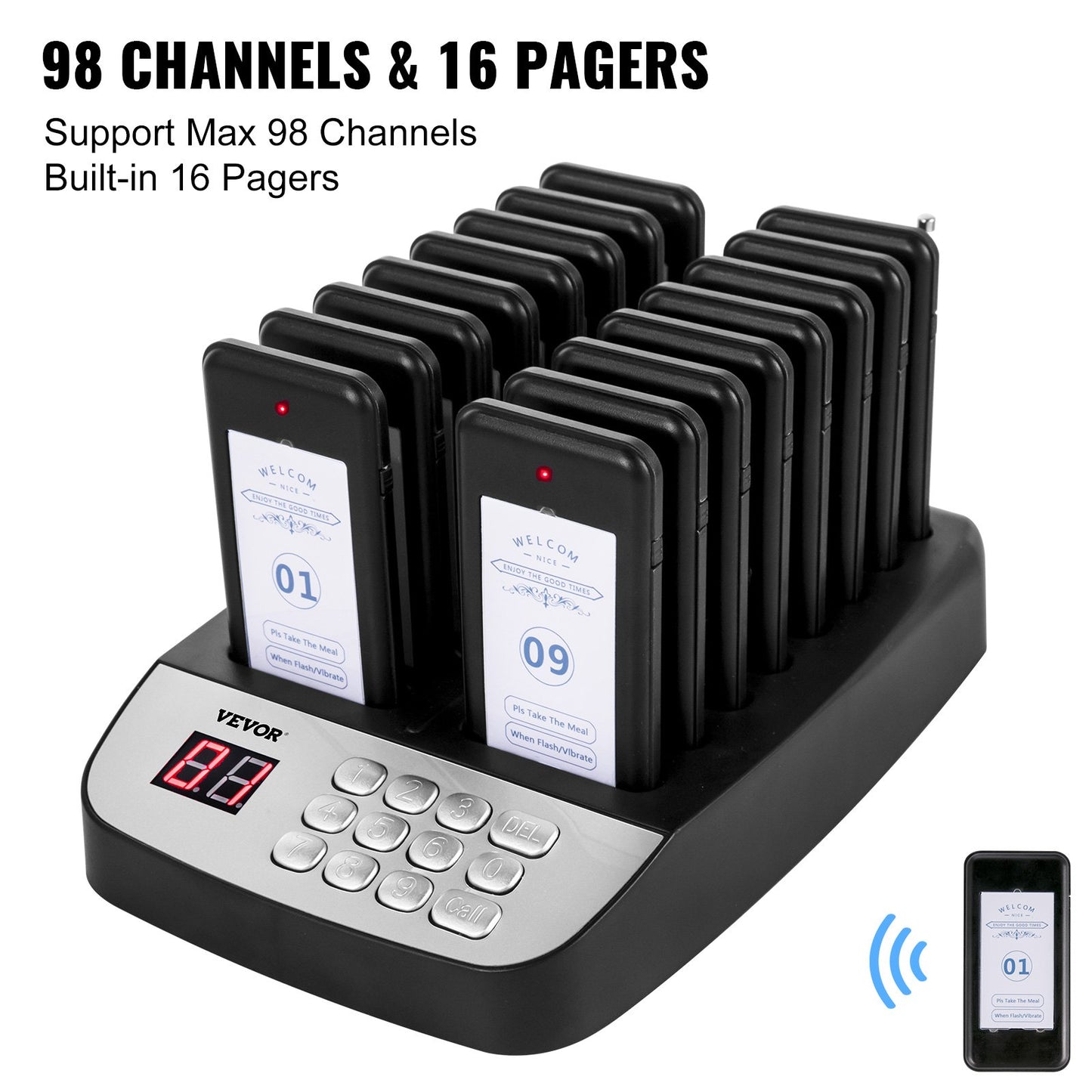 Restaurant Pager 16 Coasters Paging System Max 98 Nursery Pager Wireless Paging Queuing Calling System with Vibration, Flashing and Buzzer for Social Distance Food Truck, Hotels and Cafés