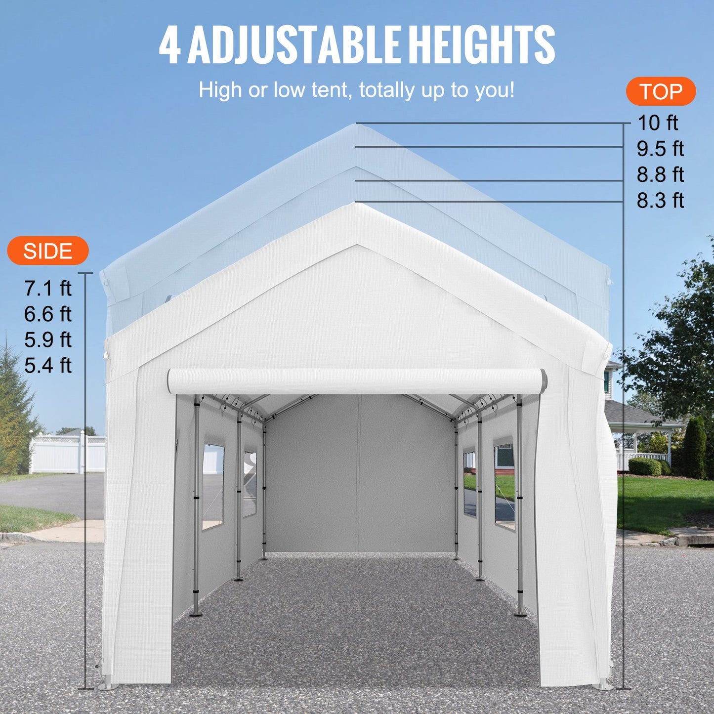 10 x 20 ft Carport Car Canopy, Heavy Duty Garage Shelter with 8 Legs, Removable Sidewalls and Windows, Car Garage Tent for Party, Boat, Adjustable Peak Height from 8.3 ft to 10 ft, White