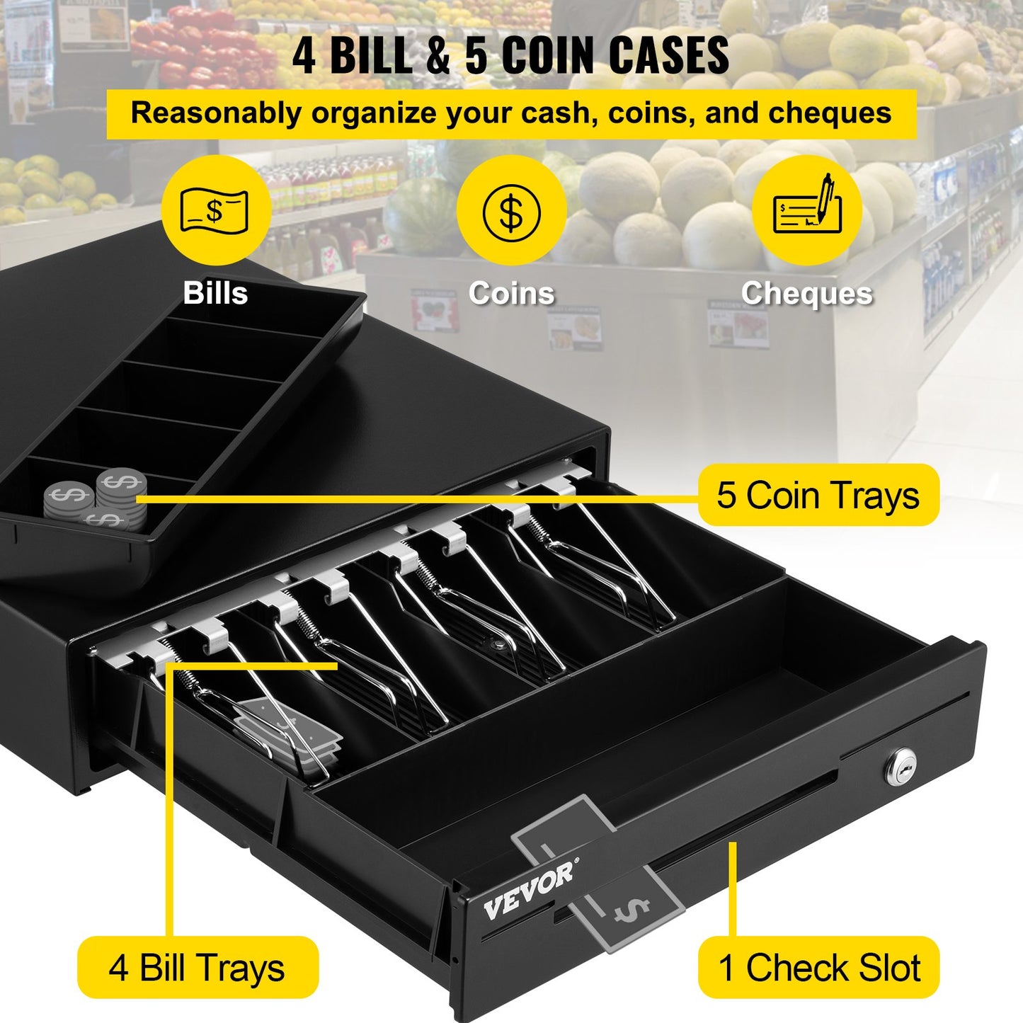 Cash Register Drawer, 13" 12 V, for POS System with 4 Bill 5 Coin Cash Tray, Removable Coin Compartment & 2 Keys Included, RJ11/RJ12 Cable for Supermarket, Bar, Coffee Shop, Restaurant