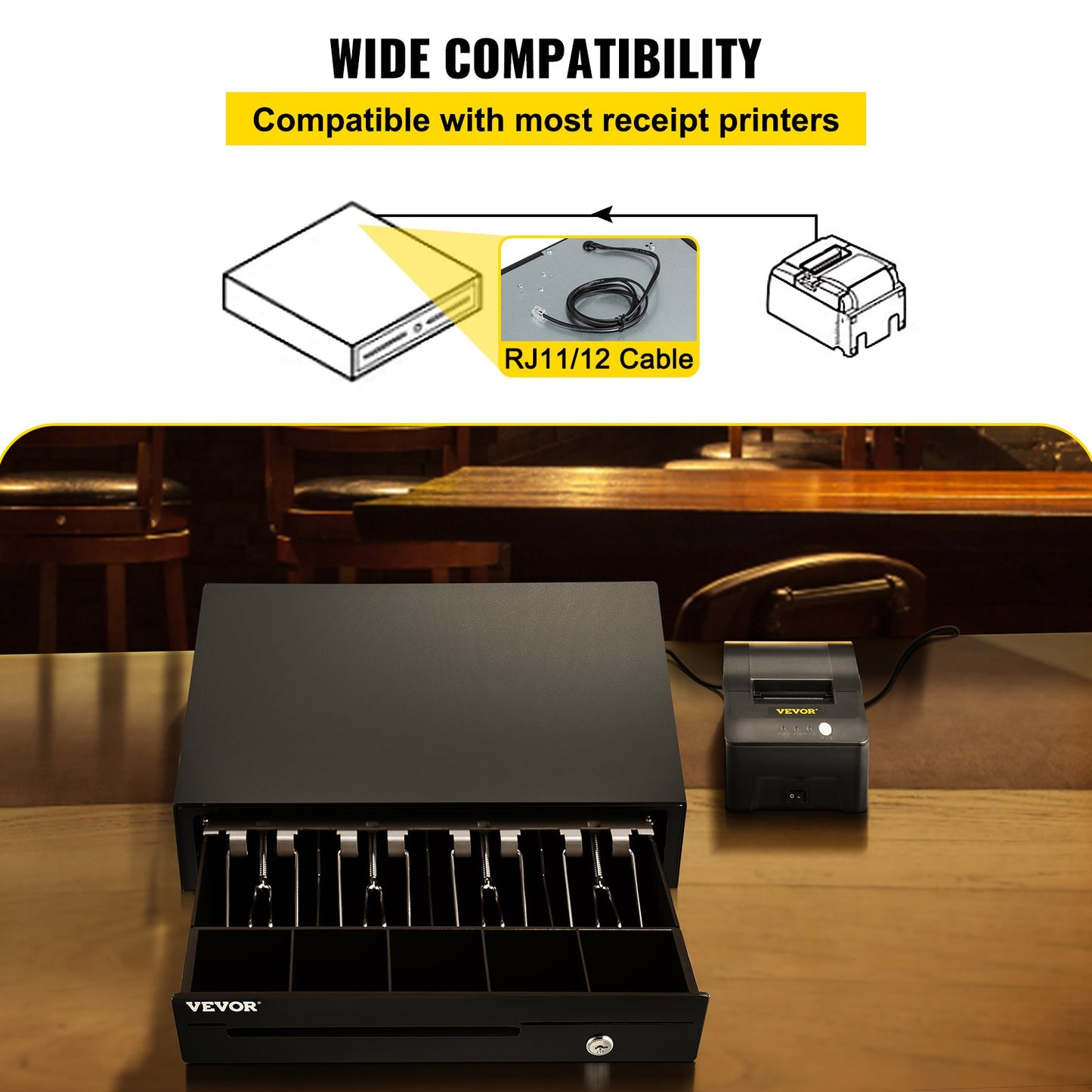Cash Register Drawer, 13" 12 V, for POS System with 4 Bill 5 Coin Cash Tray, Removable Coin Compartment & 2 Keys Included, RJ11/RJ12 Cable for Supermarket, Bar, Coffee Shop, Restaurant