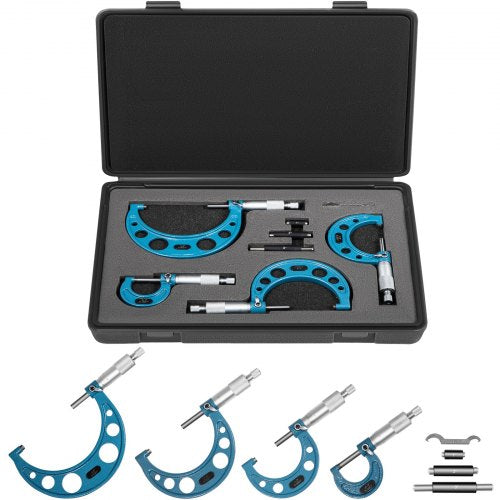 Outside Micrometer Set, 0-4" Machinist Micrometer, 0.0001" Graduation Micrometer Set, 4 Pcs Machinist Tool Set, Alloy Precision Micrometer, Laser-etched Micrometer Standard Set with Fitted Case