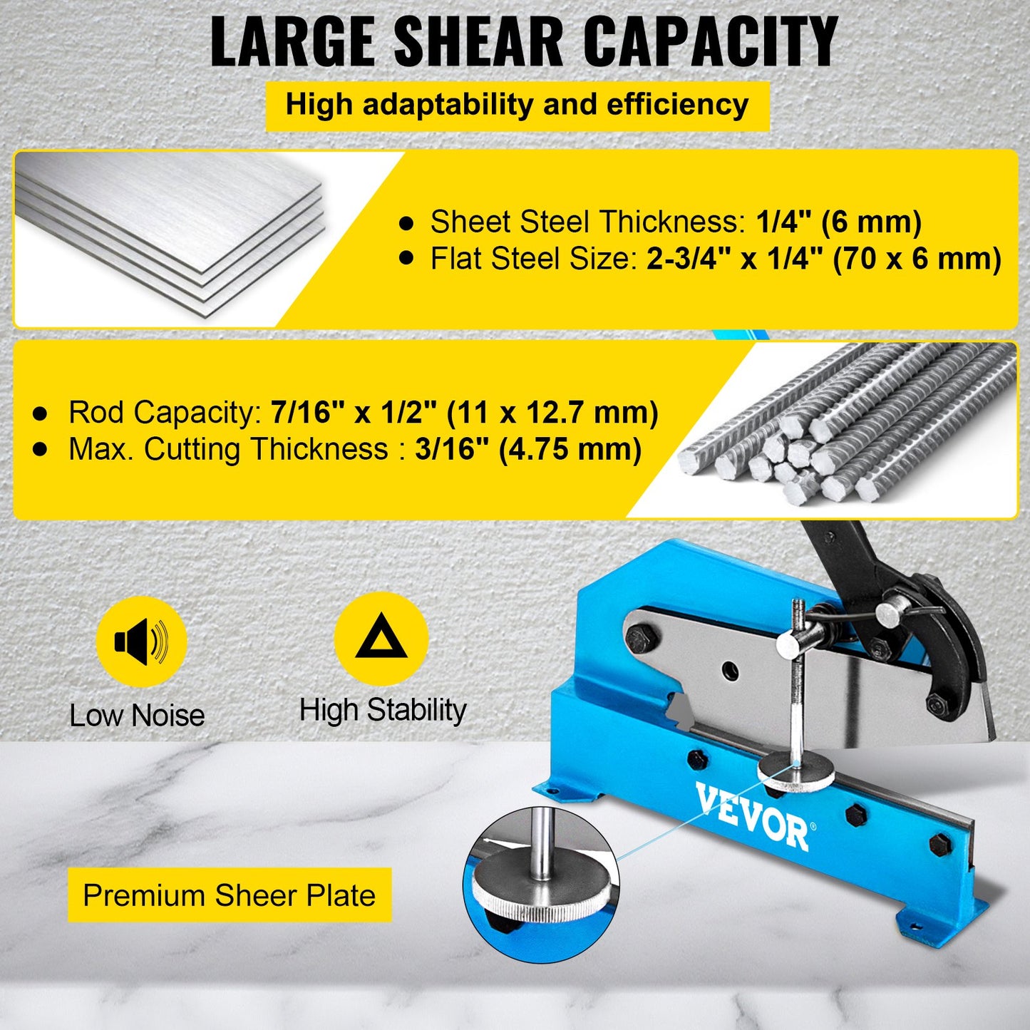8 Inch Manual Metal Shear Cutter, Heavy Duty 1/4 Inch-3/16 inch Thick Manual Plate Flat Metal Steel Sheet Cutting Cutter Shear Round Stock Metal Steel Sheet Cutting Shear Snips