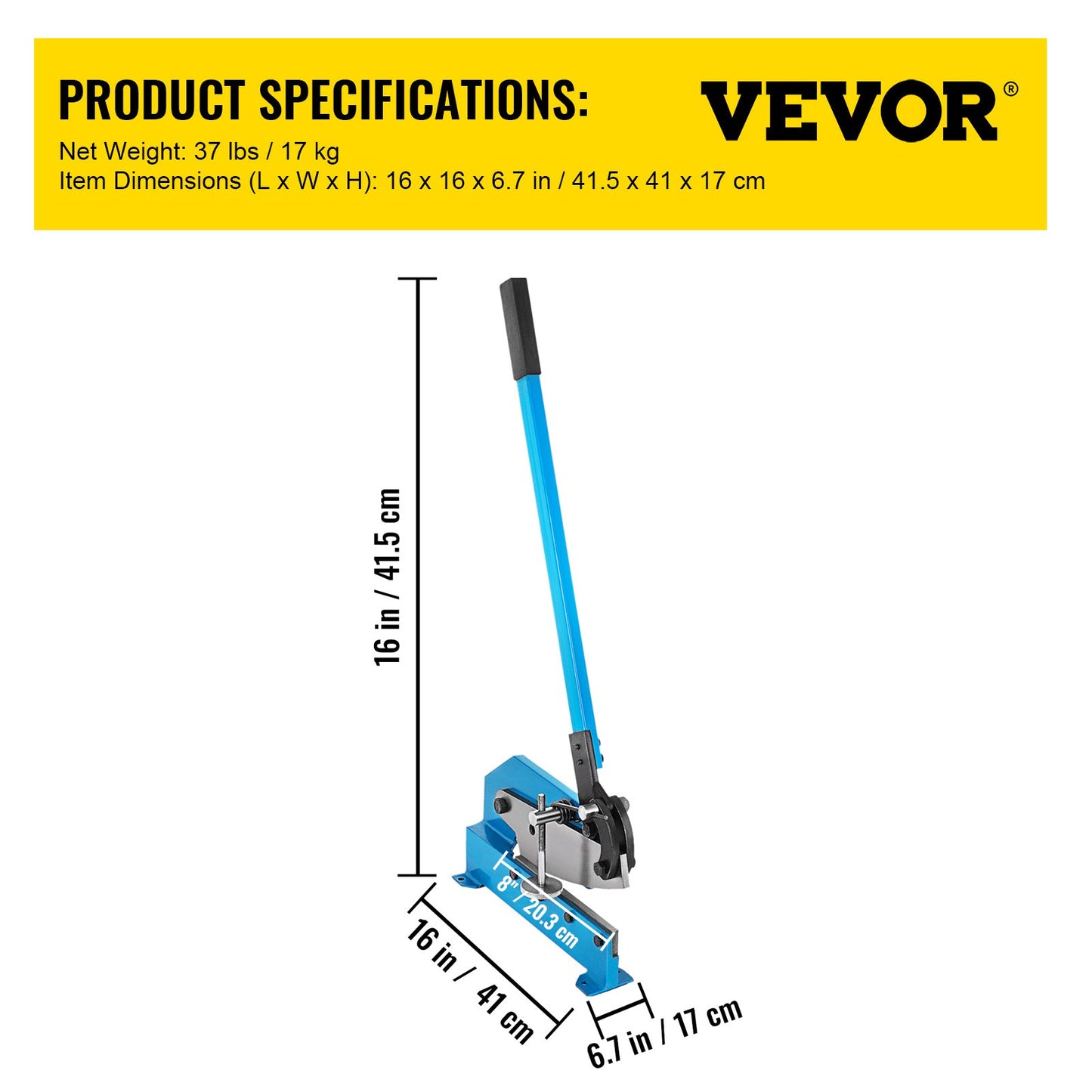 8 Inch Manual Metal Shear Cutter, Heavy Duty 1/4 Inch-3/16 inch Thick Manual Plate Flat Metal Steel Sheet Cutting Cutter Shear Round Stock Metal Steel Sheet Cutting Shear Snips