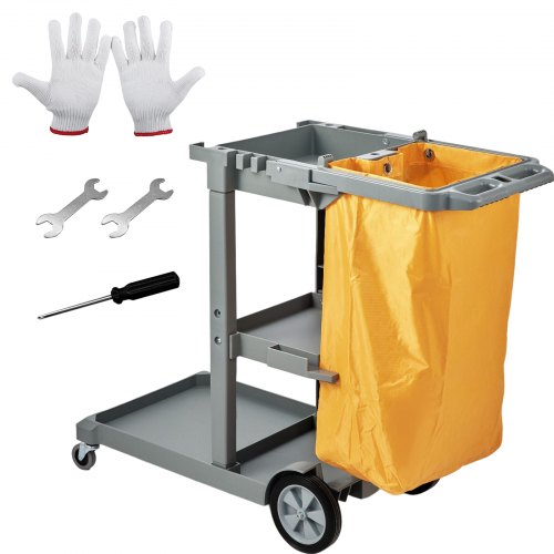 Cleaning Cart, 3-Shelf Commercial Janitorial Cart, 200 lbs Capacity Plastic Housekeeping Cart, with 25 Gallon PVC Bag, 47" x 20" x 38.6", Yellow+Grey