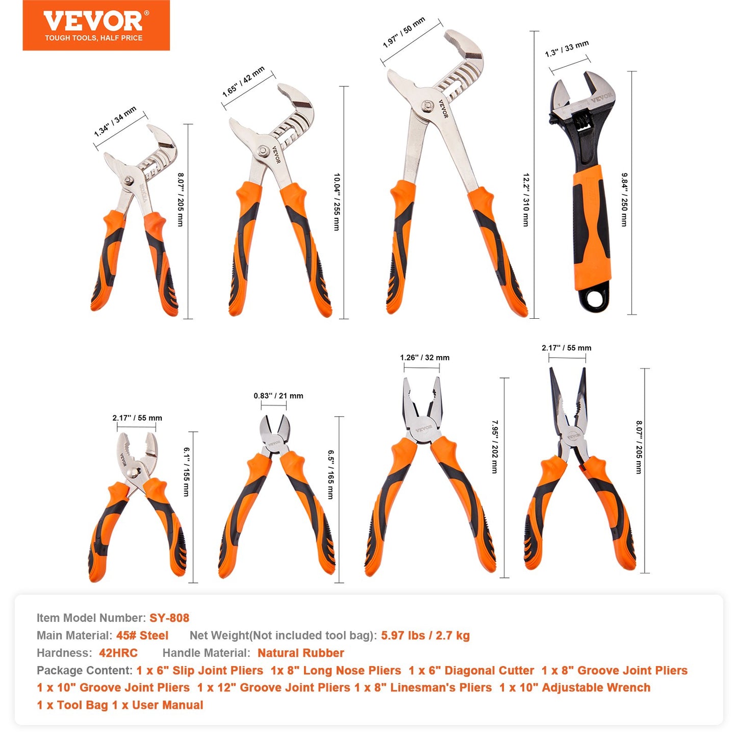 Pliers Set Groove Joint Pliers 8-Piece High Carbon Steel 12