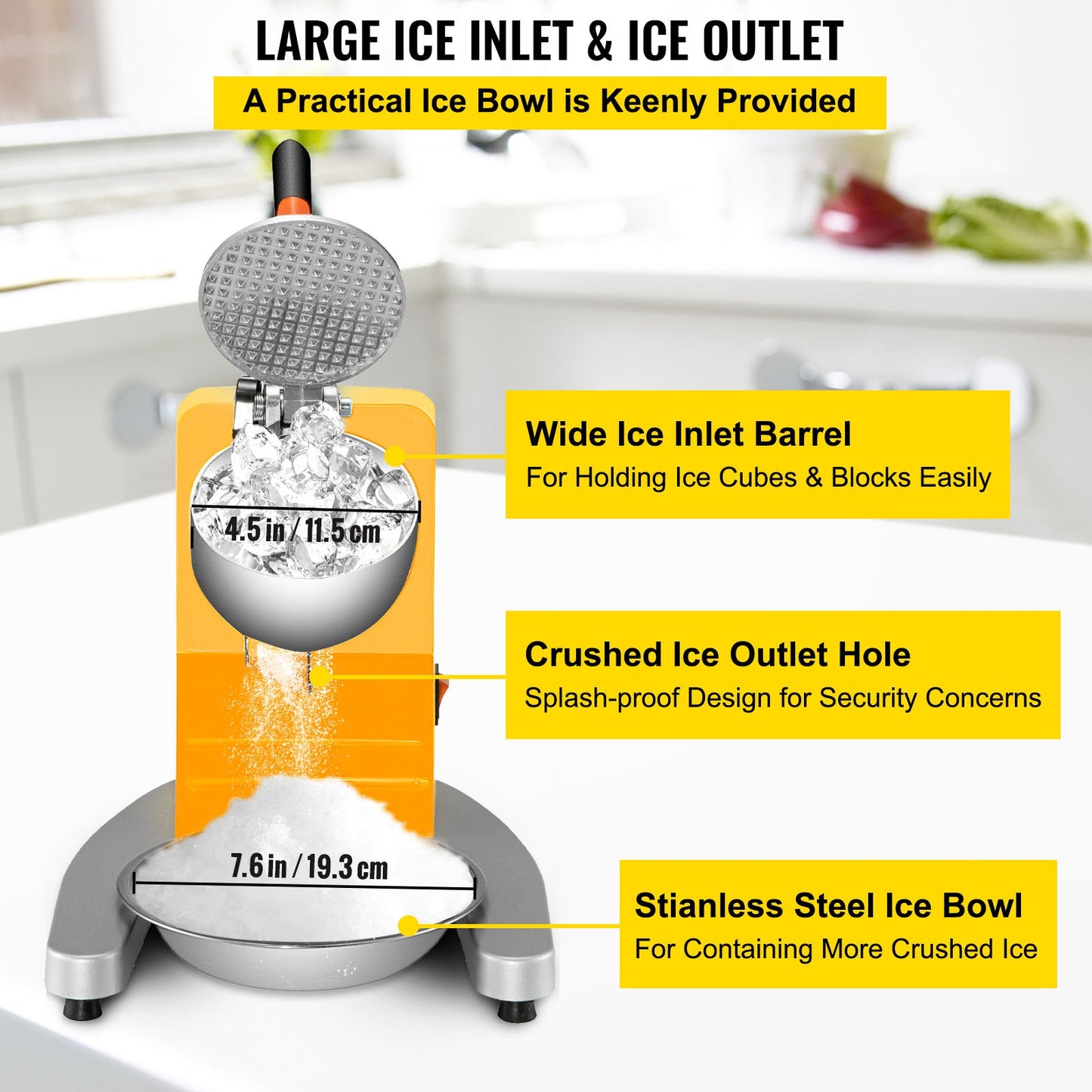 Electric Ice Shaver Crusher Snow Cone Maker Machine with Dual Stainless Steel Blades 210LB/H Shaved Ice Machine 300W 1450 RPM with Ice Plate & Additional Blade for Home and Commercial Use Yellow