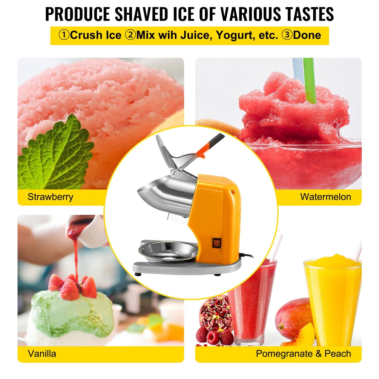 Electric Ice Shaver Crusher Snow Cone Maker Machine with Dual Stainless Steel Blades 210LB/H Shaved Ice Machine 300W 1450 RPM with Ice Plate & Additional Blade for Home and Commercial Use Yellow