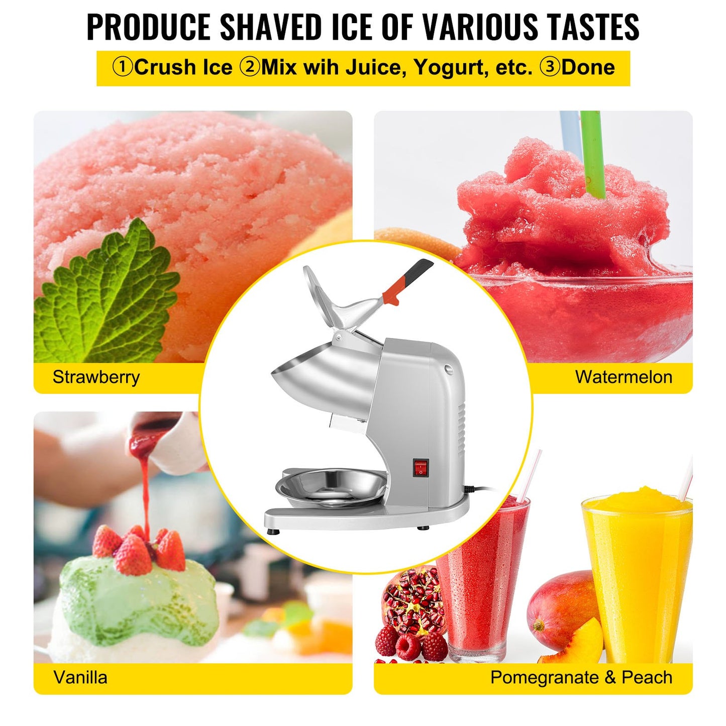 Electric Ice Shaver Crusher Snow Cone Maker Machine with Dual Stainless Steel Blades 210LB/H Shaved Ice Machine 300W 1450 RPM with Ice Plate & Additional Blade for Home and Commercial Use Silver
